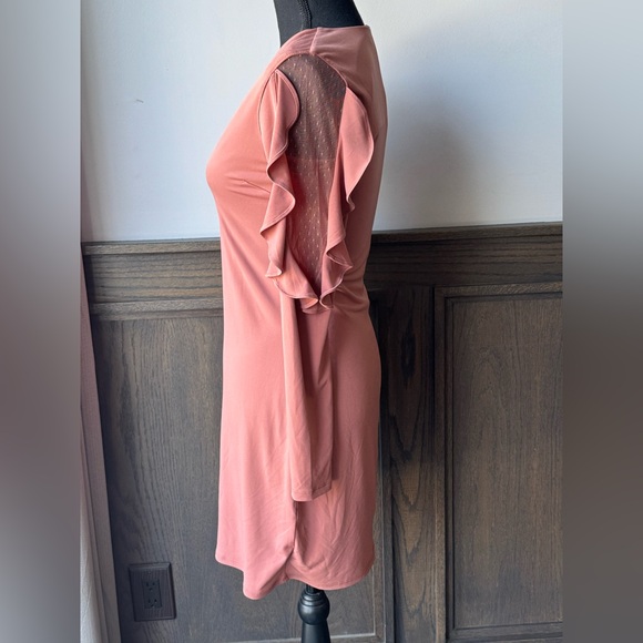 Express Long  ruffle Sleeve Dusty Rose v neck bodycon Dress small - Picture 3 of 8